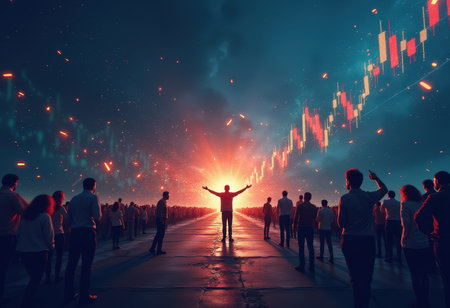 Businessman with hands up standing on the road leading to the futureの素材