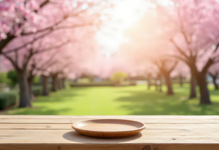 Wooden Table Top And Blur Cherry Blossom Tree Of The Backgroundの素材