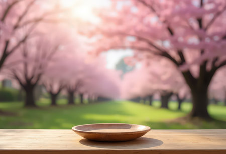 Empty wooden table with cherry blossom tree in the park background.の素材