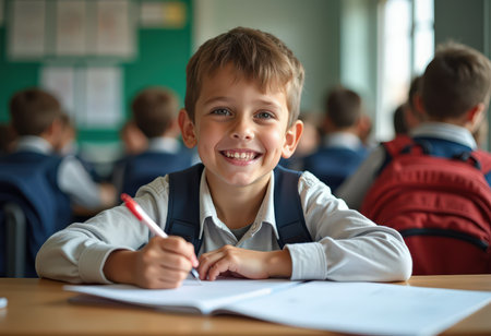 Portrait of smiling schoolboy writing in notebook while sitting in classroomの素材