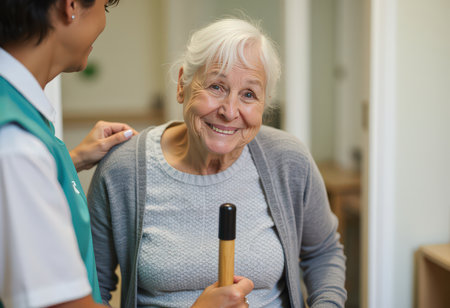 Portrait of smiling senior woman holding walking stick with nurse in backgroundの素材