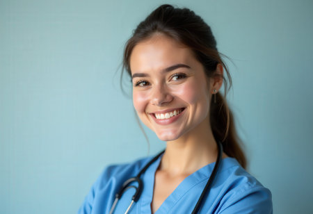 Portrait of a smiling female doctor with stethoscope on blue backgroundの素材