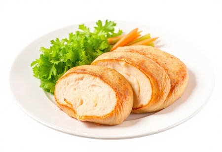 Chicken breast stuffed with cheese and vegetables on a plate isolated on white backgroundの素材