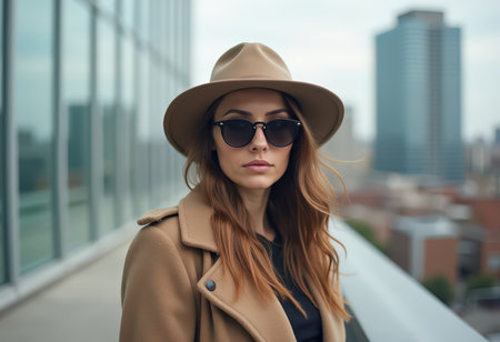 Beautiful girl in a beige coat and a hat on the background of the cityの素材