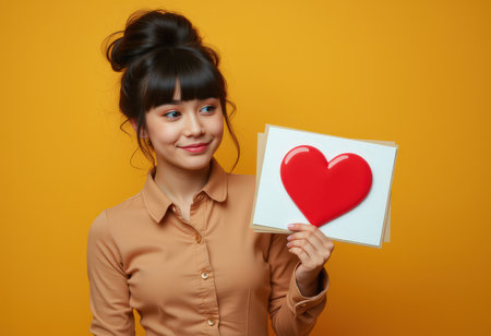 Young beautiful asian woman holding red heart card on yellow background.の素材
