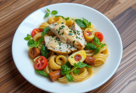 Pasta with chicken, tomato and basil on a wooden table.の素材