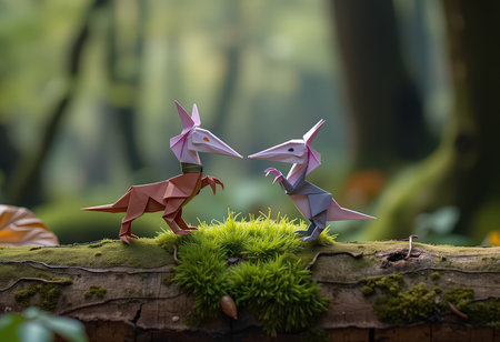 Two paper origami dinosaur on moss in the forest with copy spaceの素材