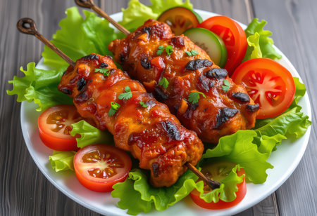 Chicken tikka kebab with vegetables on wooden skewersの素材