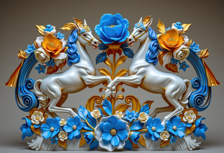 The image of a pair of horses on the background of blue flowersの素材