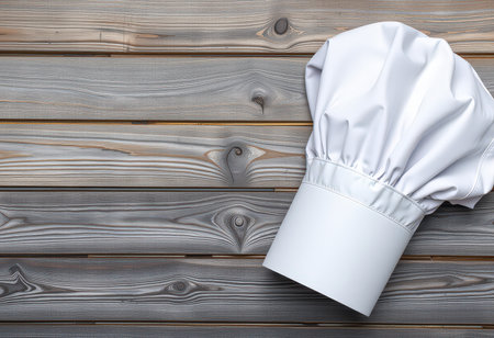 Chef hat on wooden background. Top view with copy space.の素材
