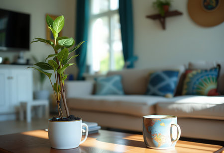 Cup of coffee and plant on table in living room at homeの素材
