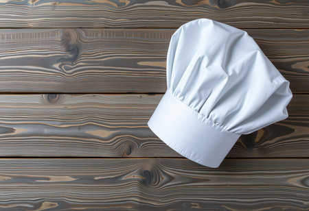 Chef hat on wooden background. Top view with copy space.の素材