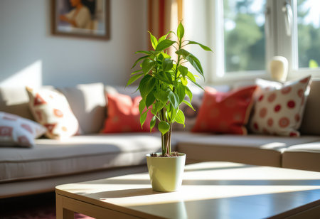 Indoor plant in a pot on a table in the living roomの素材