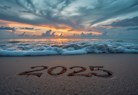 Happy new year 2015 written on the sand beach at sunset time.の素材