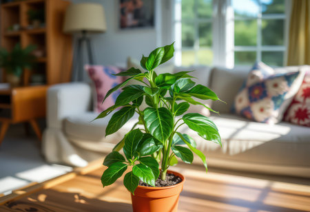 Indoor plant in a pot on the background of the living roomの素材