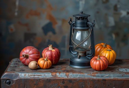 Halloween still life with pumpkins and lantern on rustic backgroundの素材