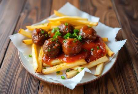 Meatballs with tomato sauce and french fries on a wooden table.の素材