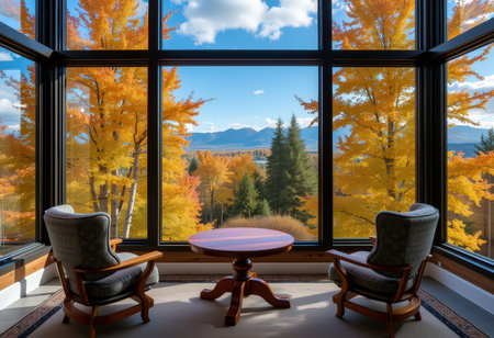 interior of a room with a view of the autumnal alpsの素材