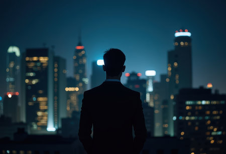 Businessman looking at the night city. Business and success concept.の素材