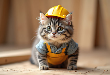 Cute tabby kitten wearing a hardhat and overalls.の素材