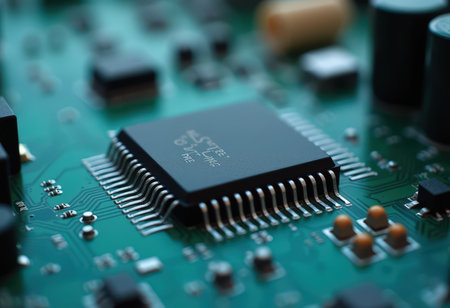Close-up of electronic circuit board with processor. Technology background.の素材