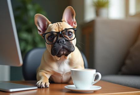Cute french bulldog dog in eyeglasses with coffee cup at homeの素材