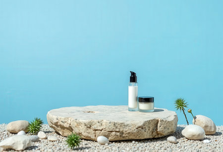 cosmetic bottle containers on stone podium with sea and sand background.の素材