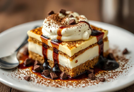 Tiramisu cake with whipped cream and chocolate on a white plateの素材