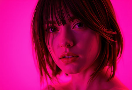 Portrait of a beautiful young woman with short hair in neon lightの素材