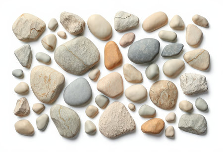 Pebbles on white background. Flat lay, top view.の素材