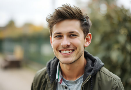 Portrait of a handsome young man smiling outdoors. Men's beauty, fashion.の素材