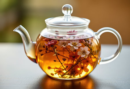 Herbal tea in a glass teapot on a wooden tableの素材