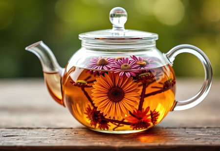 Herbal tea with flowers in glass teapot on wooden tableの素材