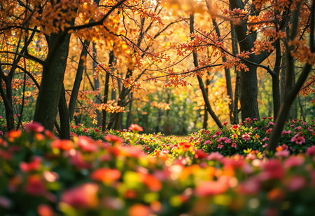 Colorful autumn leaves in the park. Beautiful nature scene. Fall season.の素材