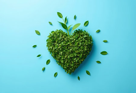 Heart made of green leaves on blue background. Minimal nature concept.の素材