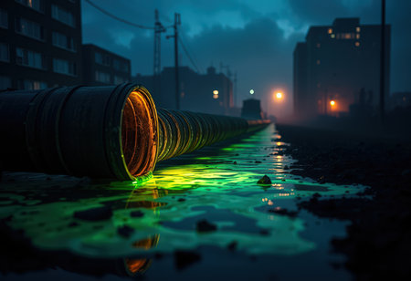 Concrete pipes on a city street at night, 3D renderingの素材