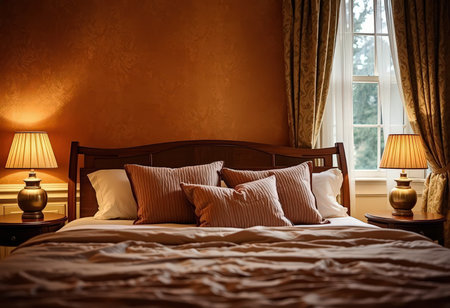 Luxury bedroom interior with double bed, pillows and table lampの素材