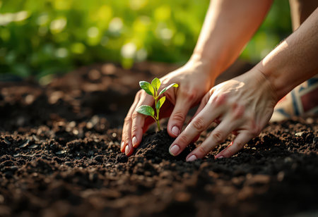 Close-up of female hands planting seedling in fertile soil outdoorsの素材