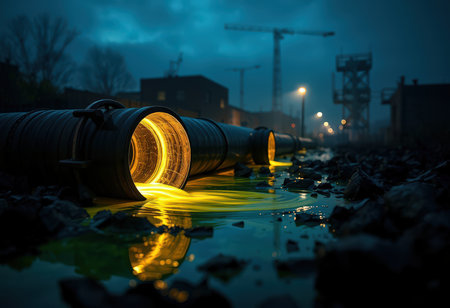 Industrial landscape. Steel pipes on the background of the night cityの素材