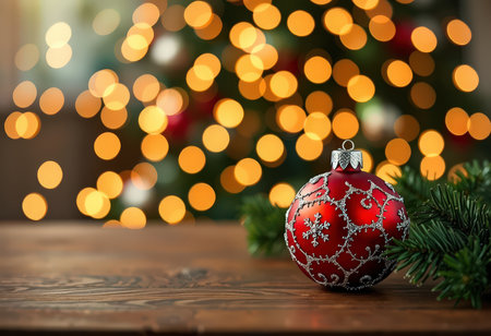 Christmas bauble on wooden table with bokeh lights in backgroundの素材