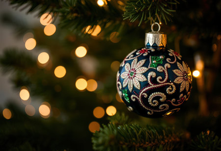 Christmas tree with ornaments on blurred bokeh background.の素材