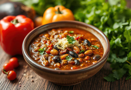 Chili con carne in bowl on wooden table, closeupの素材