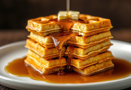 Pouring maple syrup on stack of pancakes. Selective focus.の素材