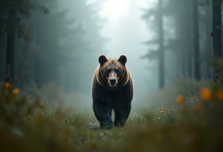 Brown bear in the forest at sunrise. Dangerous animal in the nature habitatの素材