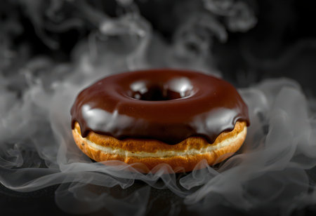 Chocolate donut on a black background with smoke, close upの素材