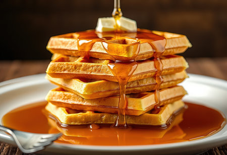 Pile of pancakes with maple syrup on wooden background, closeupの素材