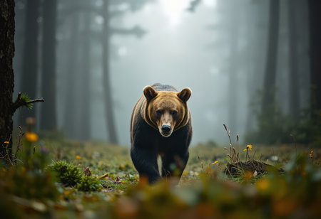 Wild brown bear walking in the forest. Wildlife scene from nature.の素材