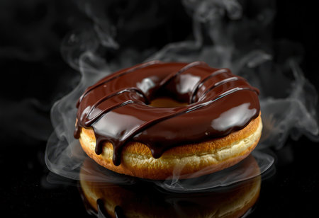 Donut with chocolate glaze on a black background with smoke.の素材