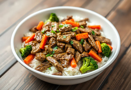 Beef stir fry with rice and vegetables in a bowl on wooden tableの素材
