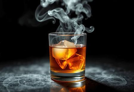 Glass of whiskey with ice cubes and smoke on a black background.の素材